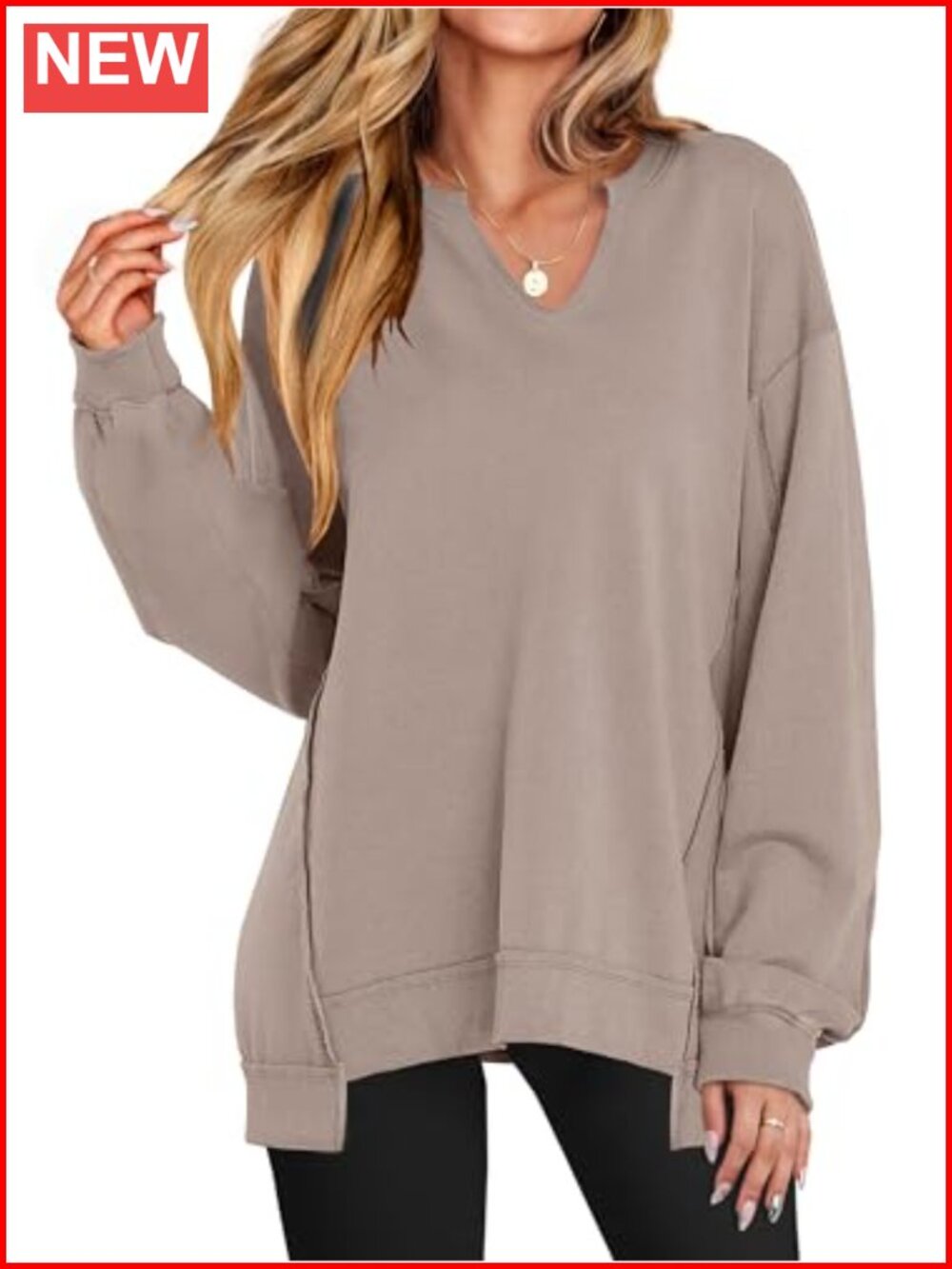 Womens Oversized V-Neck Sweatshirt Patchwork High-Low Hem Casual Pullover